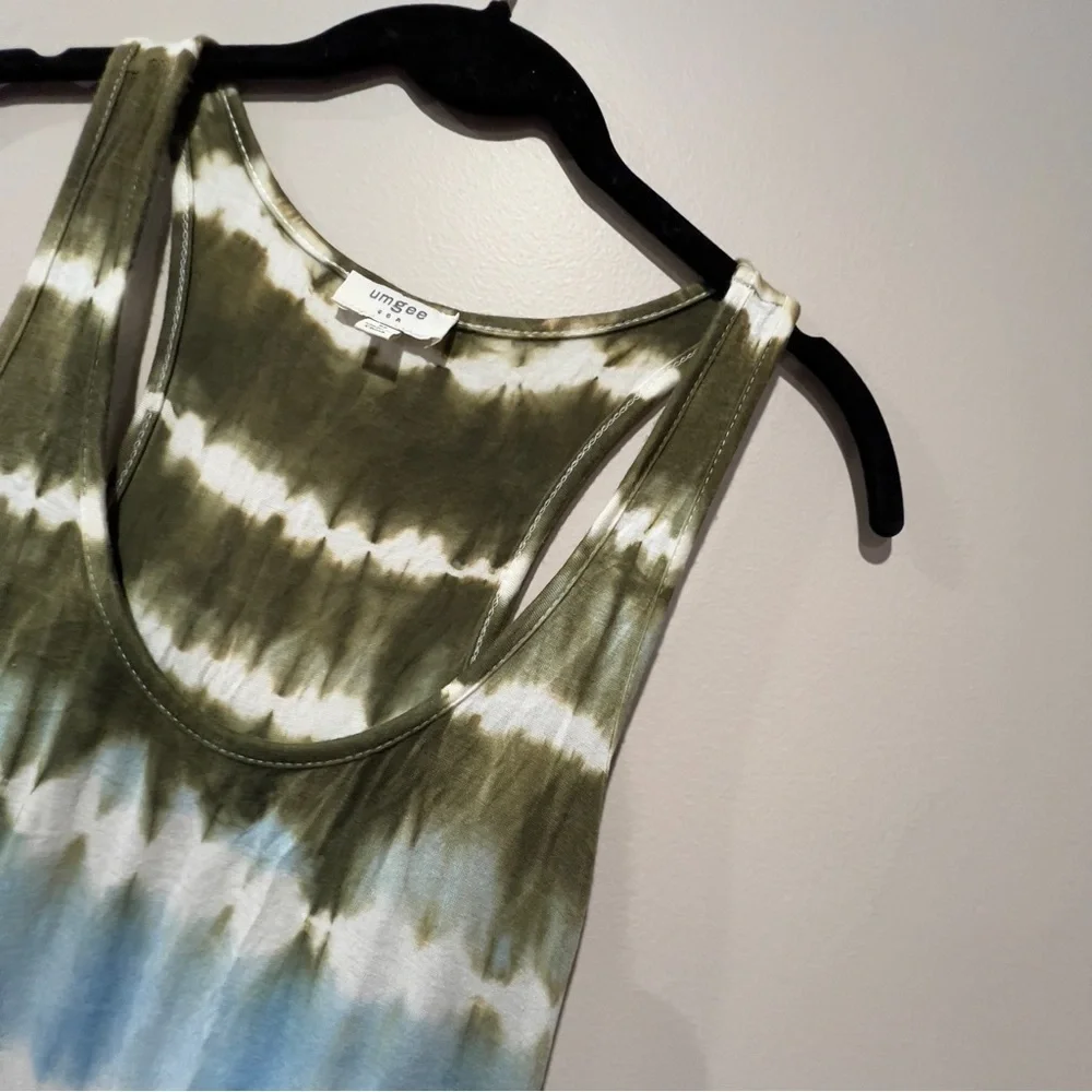 UMGEE Tank Dress. Olive Green and Blue Tie Dye. A Frame. Lace Bottom. - Picture 3 of 10